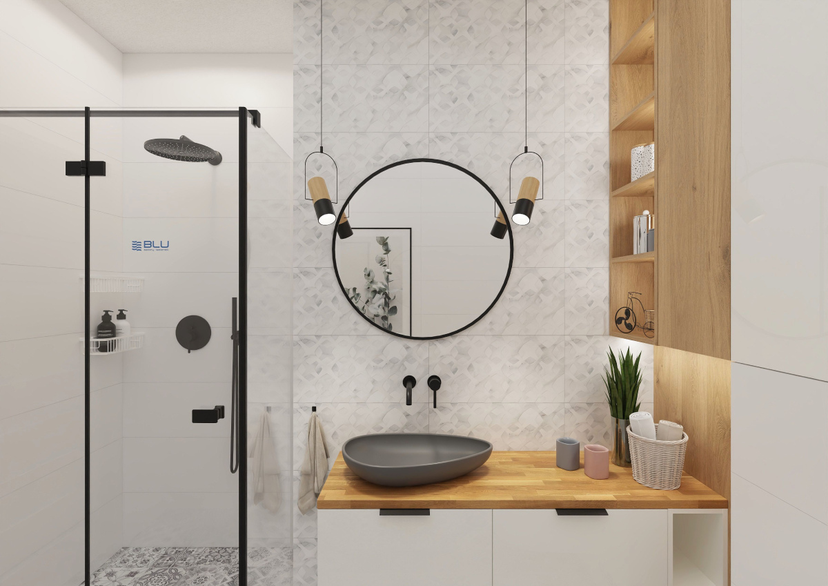 Minimalistyczna łazienka z ciemną umywalką IÖ Tromso Slim.